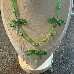 Green Beaded Necklace with Silver Accents